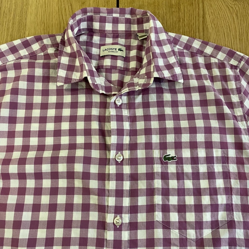 LACOSTE classic fit button down men's size medium purple white Plaid